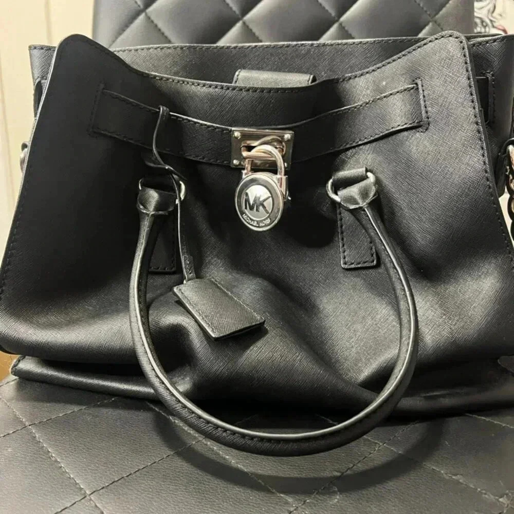 Michael Kors Hamilton Saffiano Leather Medium Satchel, Black w/ Silver Hardware